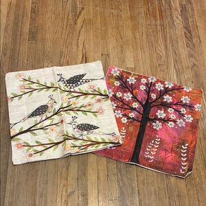 Set of Two Artistic Pillow Covers with Birds and Tree of Life Zip Closure
